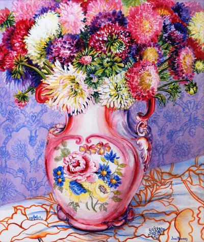 Asters dans un pichet victorien floral rose - Joan Thewsey